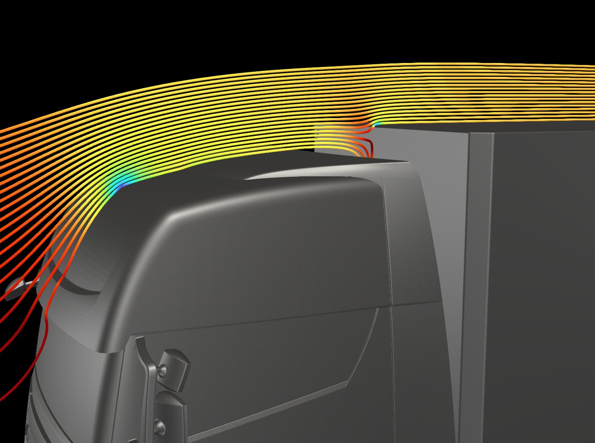 CFD-Stromlinien am Fahrerhaus: Der Dachspoiler steht 150 mm zu tief, ein Teil der Luft prallt gegen die Stirnwand des Aufliegers